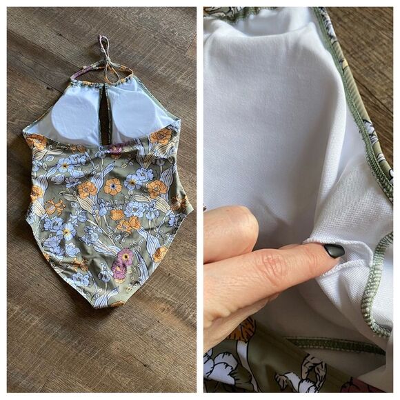 SHEIN Halter Swimsuit 1XL NEW  One Piece Olive Floral Beach - Picture 8 of 8
